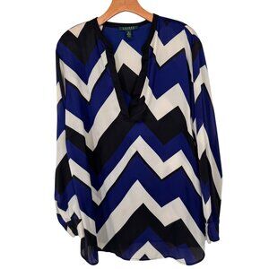 Ralph Lauren womens Chevron Print V-Neck Blouse size 2X plus Long Sleeve Blue